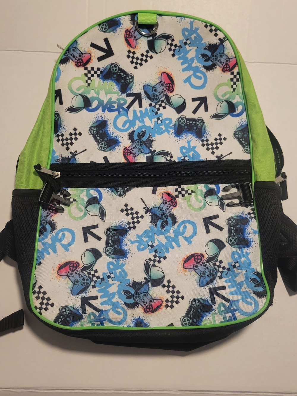 Youth Gamer Print Backpack in Lime Green Game Over